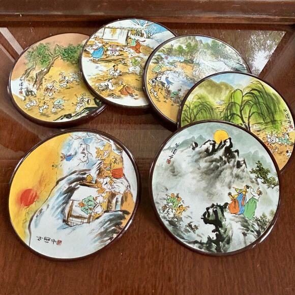 Set of 6 Vintage Korean Art Coasters – Yeon See Hee Folk Scene Series - Picture 1 of 10
